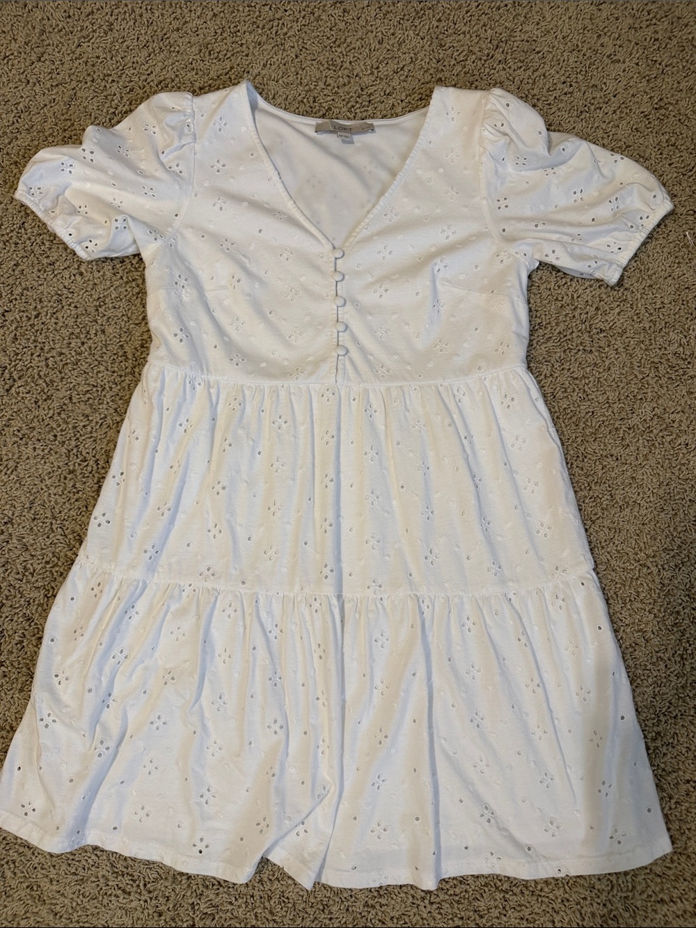 LOFT White Eyelet Tiered Dress with Puff Sleeves